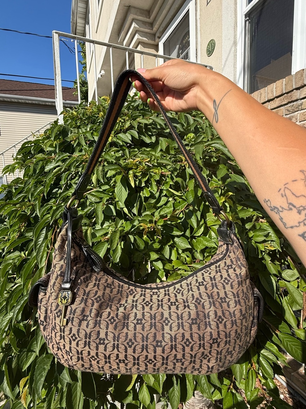 Vintage Y2K Fossil Crescent Monogram Shoulder Bag Brown Jacquard Hobo Purse